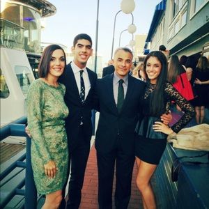 TFNC black lace top, leather peplum dress